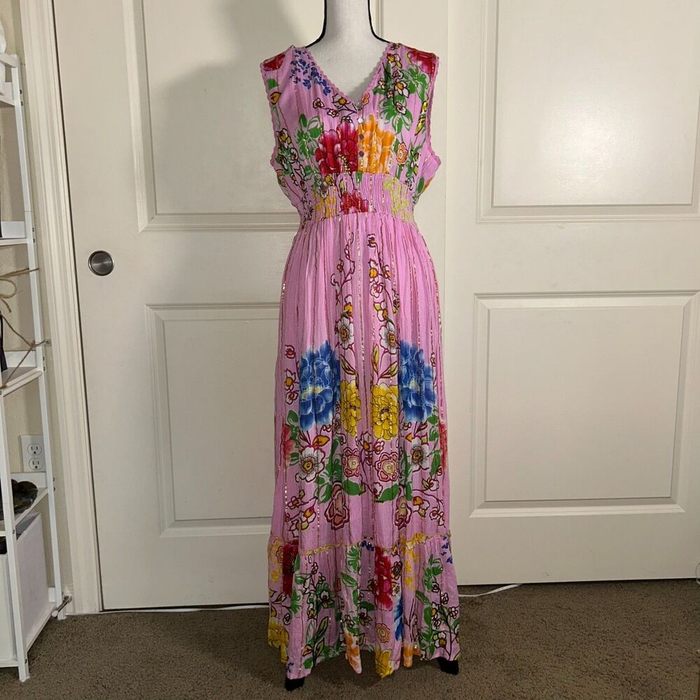 NWT Me 2 Magic Sz XL Pink Floral Maxi Dress Smocked Waist Boho Sleeveless